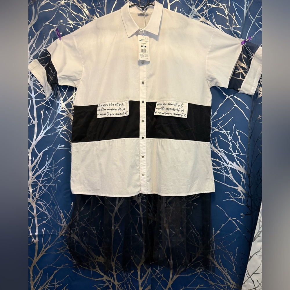 Black and White Button-Up Oversized Shirt with Sheer Details by Darkwin.